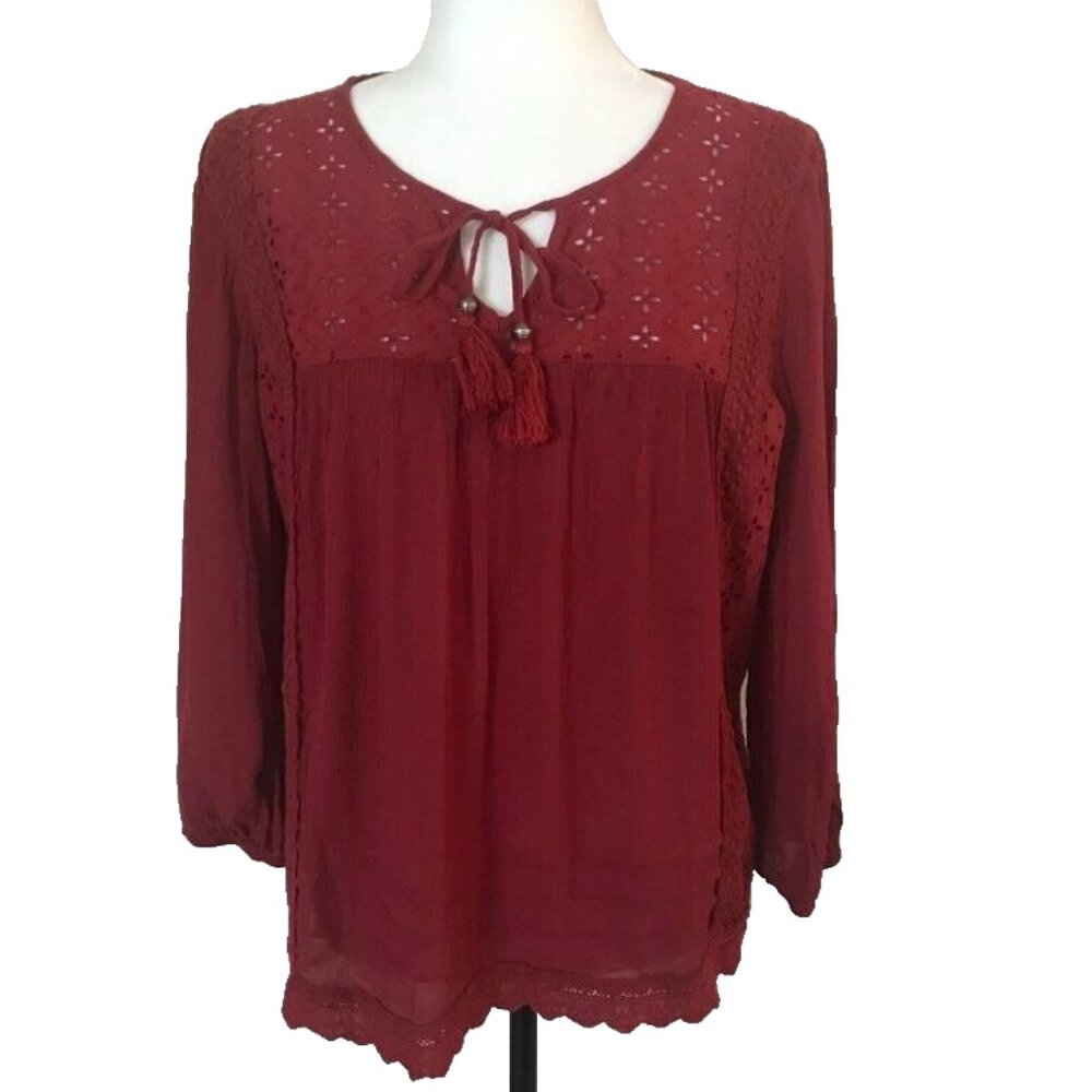 KNOX ROSE Boho Peasant Top Size Large Burgundy Eyelet Neck Tie Tassles